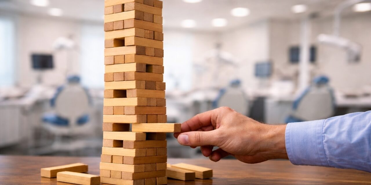 male arm pulls a piece at the bottom of a Jenga block pile with an orthodontic office in the background.