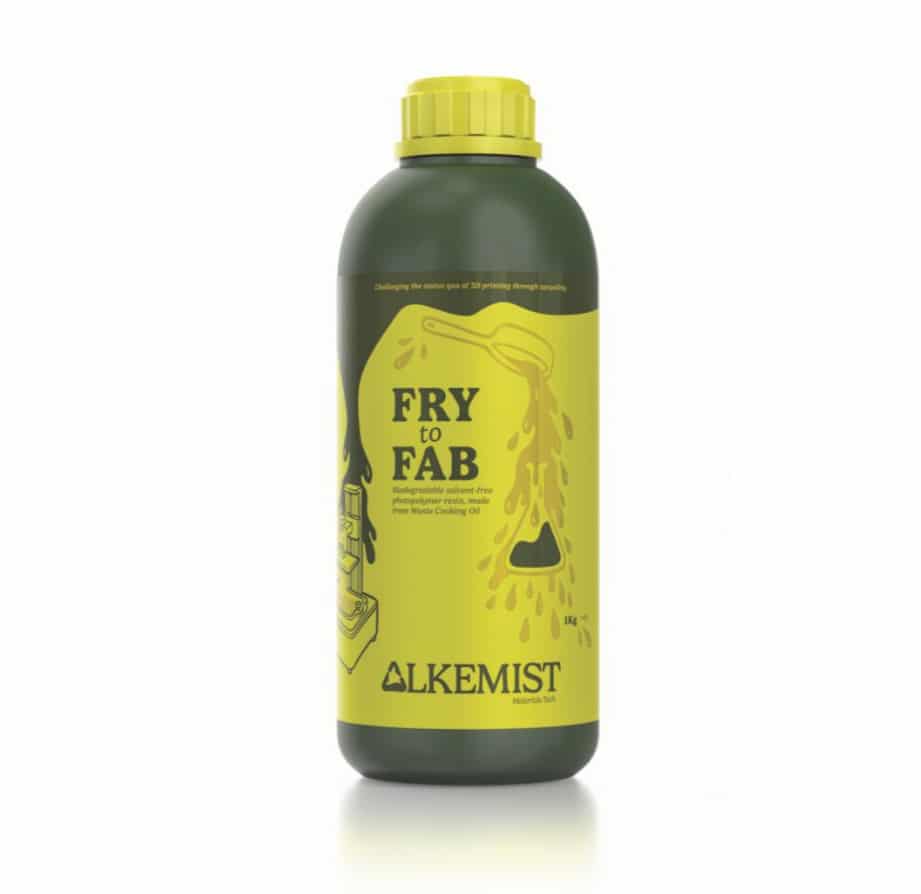 Bottle of Fab-to-Fry, a biodegradable 3D printing resin for orthodontic models