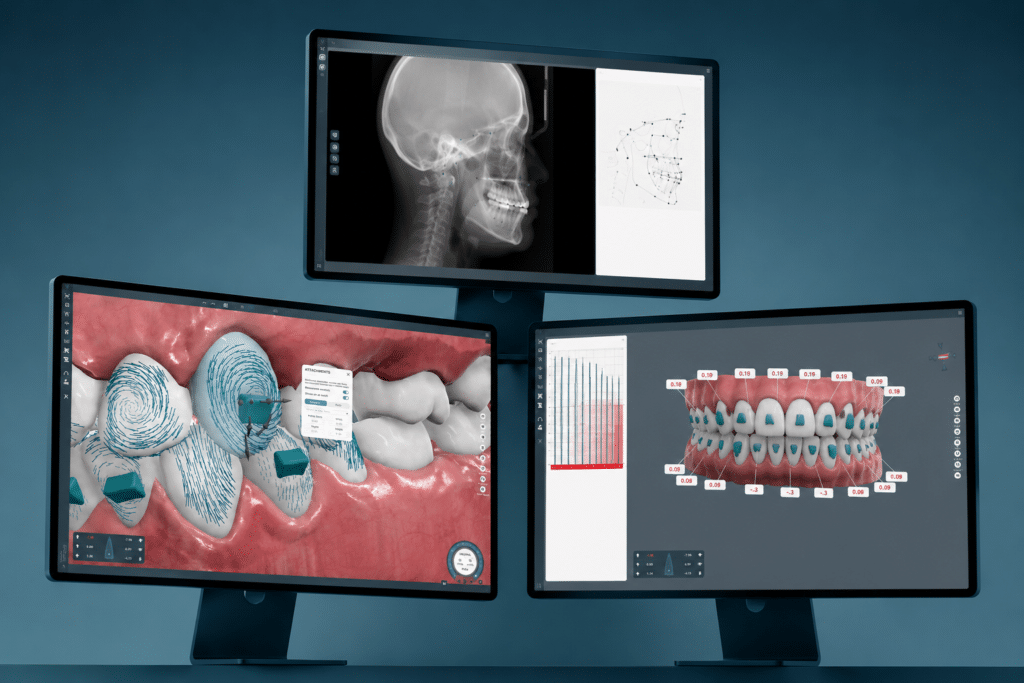 SoftSmile Vision software includes its Phantom, BIteControl, and Staging Prime features shown here on the computer screens.